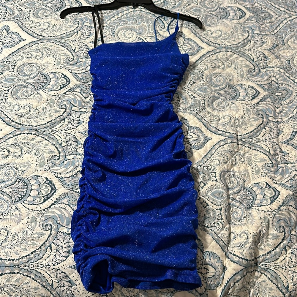 blue, sparkly, one shoulder mini dress/ juniors size 3/4